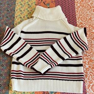 Madewell Cream and Burgundy Striped Turtleneck Sweater
